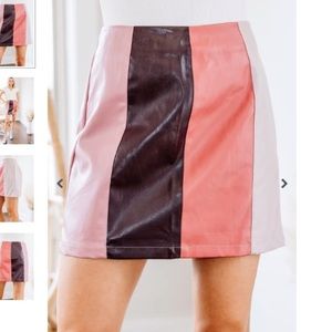 Pink Color Block Faux Leather Skirt
